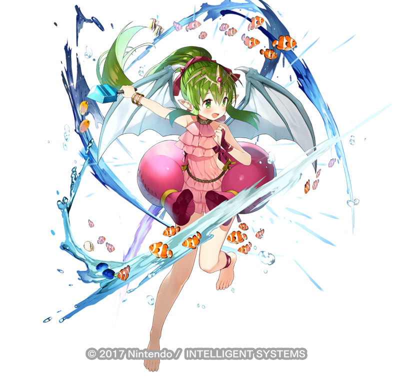 1girl :d ankleband bangs barefoot blush bracelet character_request dress fire_emblem fire_emblem_heroes fish floating_hair full_body green_eyes green_hair headpiece holding jewelry long_hair matsui_hiroaki official_art open_mouth pink_dress pointy_ears ponytail short_dress simple_background smile solo standing standing_on_one_leg tropical_fish water watermark white_background wings