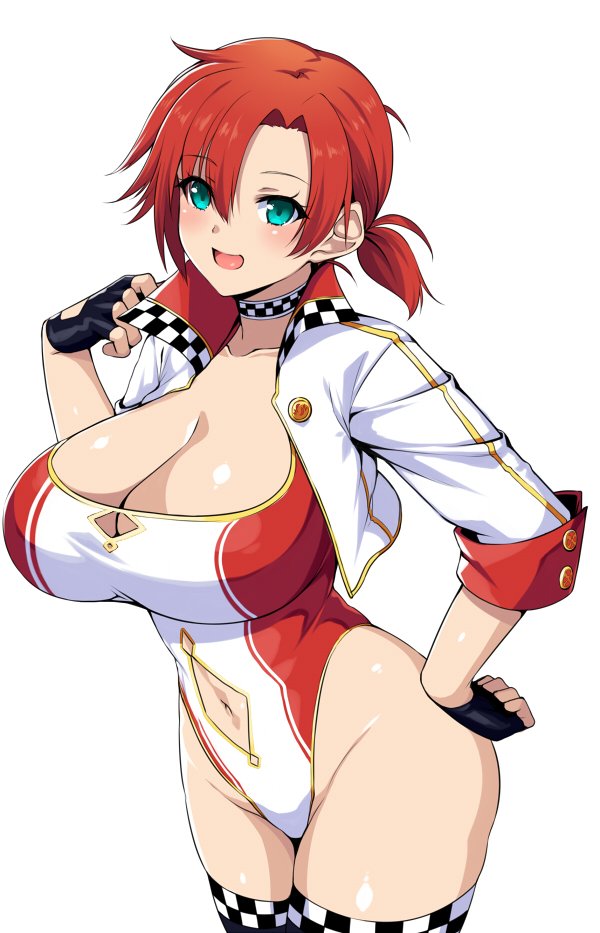1girl black_gloves boudica_(fate/grand_order) breasts checkered checkered_legwear cleavage cowboy_shot cropped_jacket fate/grand_order fate_(series) fingerless_gloves gloves green_eyes highleg highleg_leotard horosuke_(toot08) jacket large_breasts leotard long_hair looking_at_viewer low_ponytail navel_cutout open_clothes open_mouth racequeen redhead simple_background solo thigh-highs white_background white_jacket white_leotard