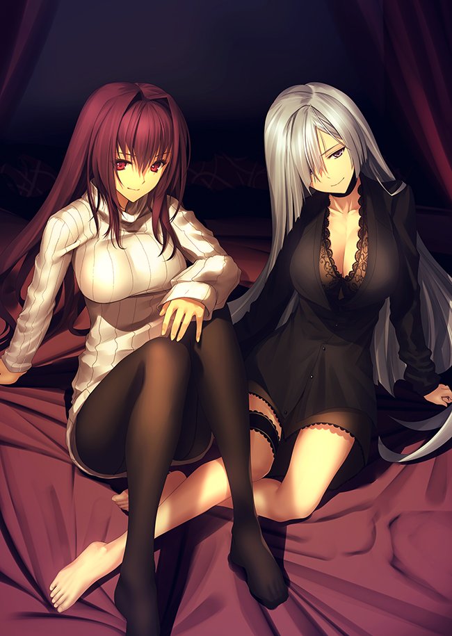 2girls barefoot bed black_dress breasts brynhildr_(fate) cleavage collarbone dress fate/grand_order fate_(series) hair_intakes hair_over_one_eye large_breasts long_hair long_sleeves looking_at_viewer maple_luwen multiple_girls pantyhose purple_hair red_eyes ribbed_sweater scathach_(fate)_(all) scathach_(fate/grand_order) seamed_legwear silver_hair smile sweater thigh_strap very_long_hair violet_eyes