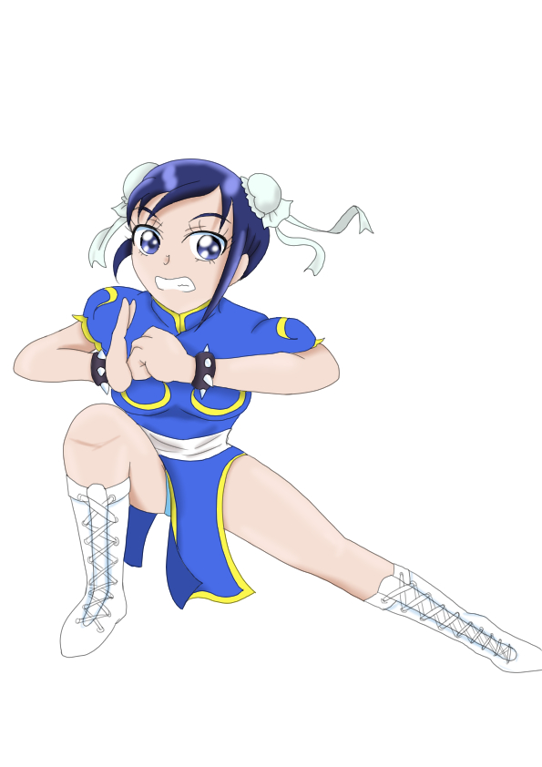 1girl bangs bare_legs blue_dress blue_eyes blue_hair boots bracelet bun_cover capcom china_dress chinese_clothes chun-li chun-li_(cosplay) commentary cosplay dokidoki!_precure double_bun dress hishikawa_rikka jewelry pixiv precure puffy_short_sleeves puffy_sleeves short_sleeves solo spiked_bracelet spikes street_fighter thighs tkd405 white_background white_footwear