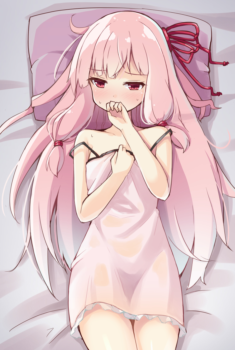 1girl bed_sheet blush commentary_request covering_mouth dress eyebrows_visible_through_hair kotonoha_akane long_hair looking_away lying ominaeshi_(takenoko) on_back pillow pink_dress pink_hair solo strap_slip sweat very_long_hair voiceroid
