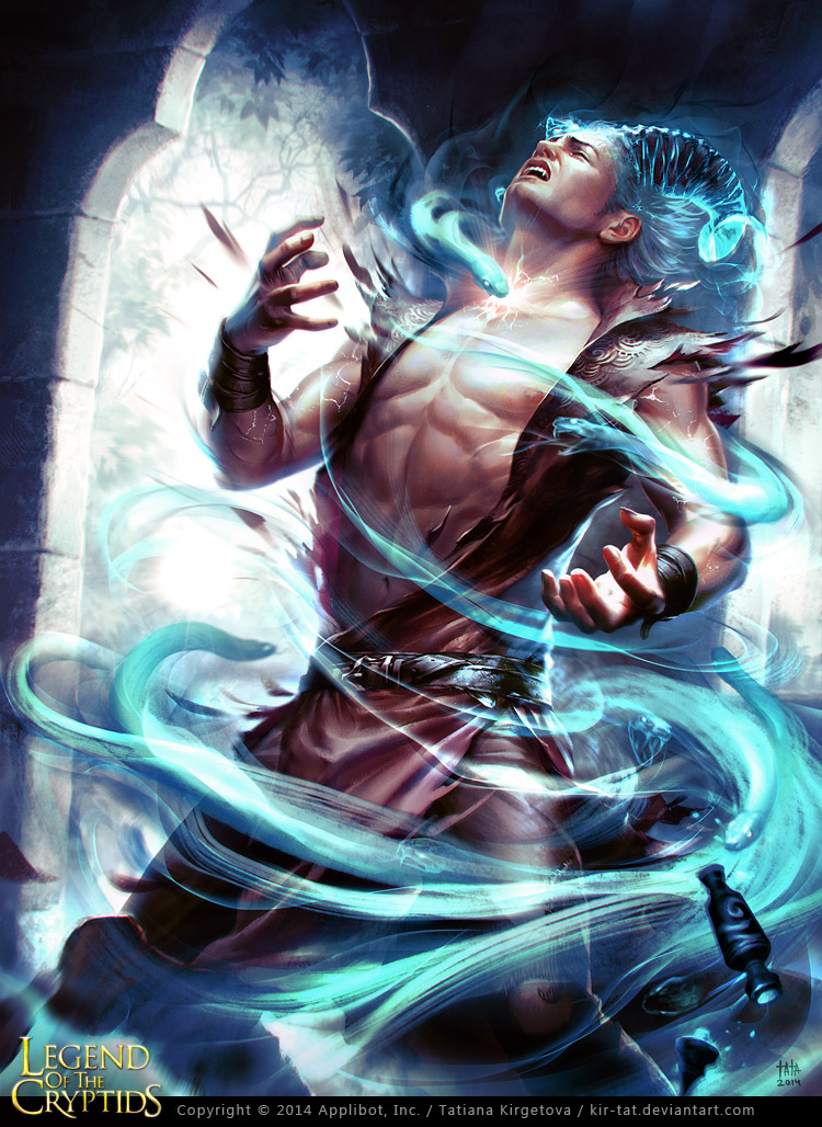 1boy abs artist_name bracelet closed_eyes copyright_name fangs horns jewelry leaf legend_of_the_cryptids male_focus navel official_art open_clothes open_mouth open_shirt potion snake solo tatiana_kirgetova teeth torn_clothes tree white_hair window