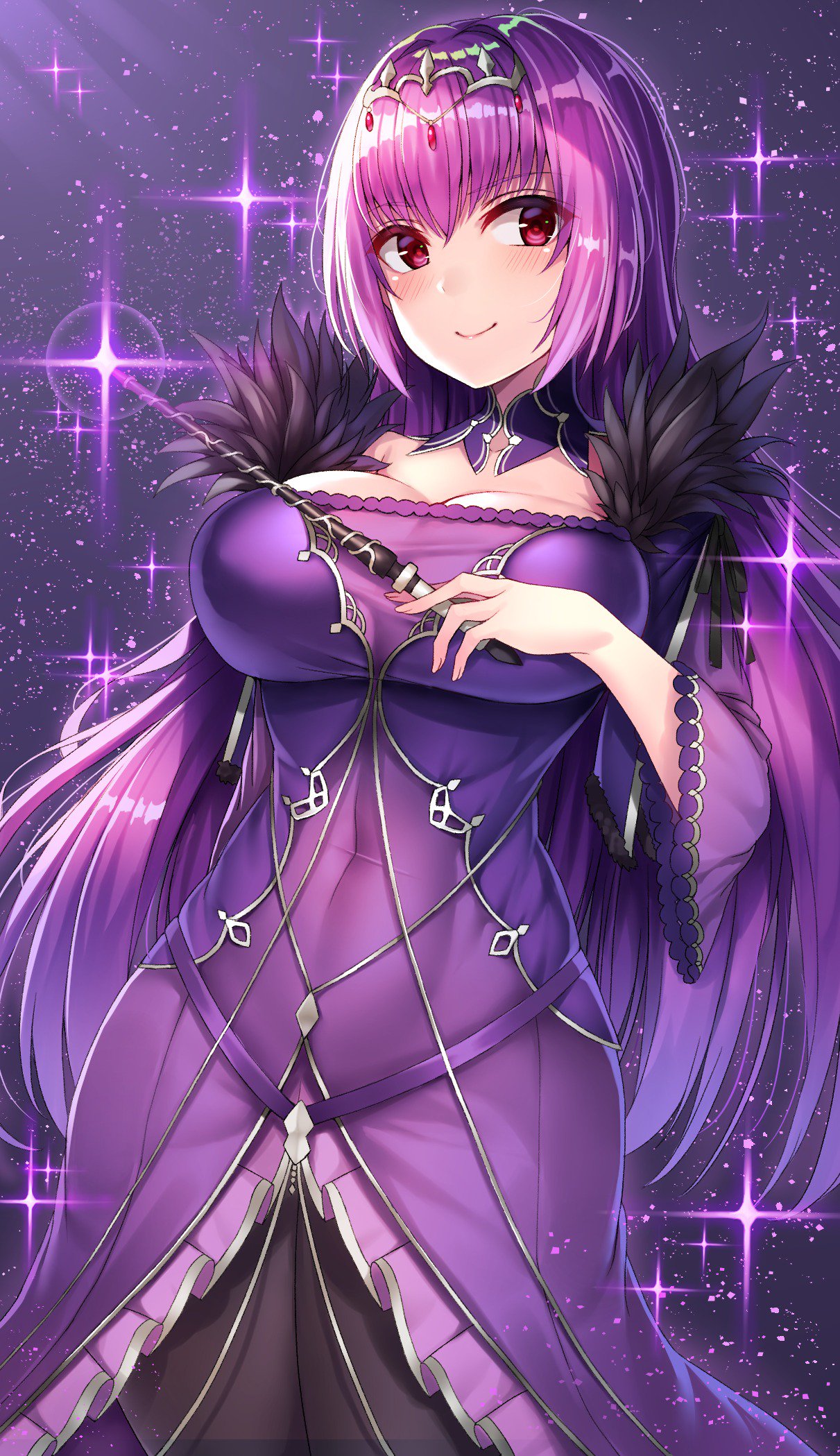 1girl bangs beeyan blush breasts cleavage closed_mouth collarbone covered_navel detached_collar dress fate/grand_order fate_(series) fur_trim hair_between_eyes highres hips jewelry large_breasts long_hair looking_at_viewer pantyhose purple_dress purple_hair red_eyes scathach_(fate)_(all) scathach_skadi_(fate/grand_order) smile solo sparkle thighs tiara wand