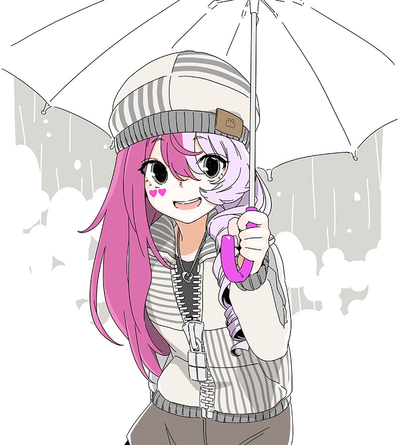 #compass 1girl asymmetrical_hair beanie brown_skirt commentary_request drill_hair grey_background grey_eyes hat heart heart_necklace holding holding_umbrella hood hoodie jewelry lavender_hair limited_palette long_hair looking_at_viewer marking_on_cheek megumegu multicolored_hair necklace open_mouth oversized_zipper partially_unzipped pink_hair poaro single_drill skirt smile solo striped_clothes two-tone_hair umbrella white_umbrella