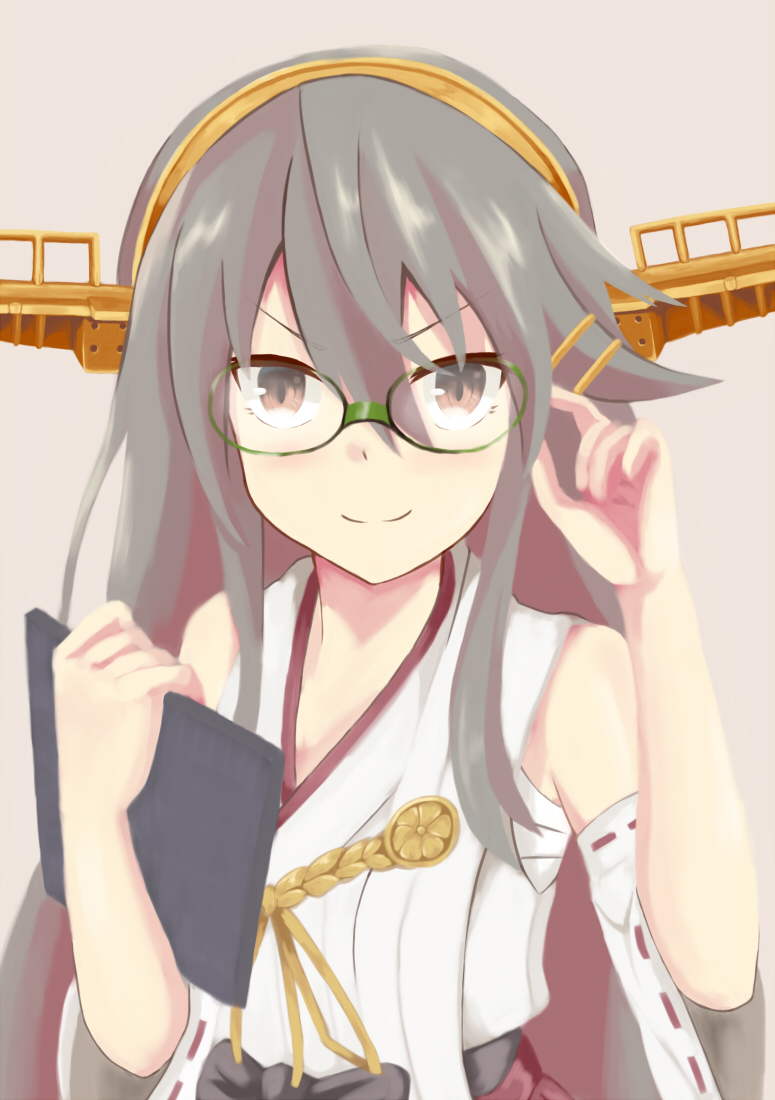 1girl adjusting_eyewear bangs bare_shoulders bespectacled brown_background brown_eyes closed_mouth commentary_request detached_sleeves eyebrows_visible_through_hair glasses green-framed_eyewear grey_hair hair_between_eyes hair_ornament hairband haruna_(kantai_collection) jewelry kantai_collection looking_at_viewer mitsurui nontraditional_miko remodel_(kantai_collection) ribbon-trimmed_sleeves ribbon_trim sidelocks simple_background smile solo v-shaped_eyebrows