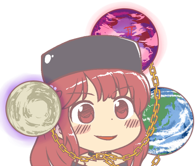 1girl bangs bare_shoulders black_shirt blush chain chains chibi dot_nose earth_(ornament) gold_chain gyate_gyate hecatia_lapislazuli ikiyouz legacy_of_lunatic_kingdom lowres moon_(ornament) open_mouth polos_crown red_eyes redhead shirt smile solo touhou transparent_background