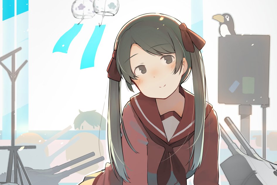 1girl bangs brown_serafuku eyebrows_visible_through_hair failure_penguin fuu_fuu green_hair grey_eyes kantai_collection long_hair looking_at_viewer mikuma_(kantai_collection) school_uniform serafuku smile solo swept_bangs turret twintails upper_body