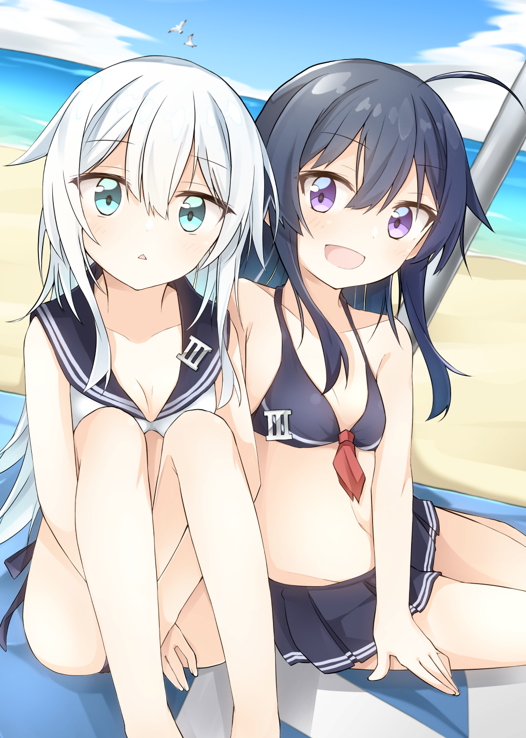 2girls ahoge akatsuki_(kantai_collection) beach bikini bikini_skirt black_bikini black_sailor_collar black_skirt blue_eyes hair_between_eyes hibiki_(kantai_collection) highres kantai_collection long_hair multiple_girls navel no_hat no_headwear ocean pleated_skirt purple_hair rateratte sailor_bikini sailor_collar silver_hair skirt swimsuit violet_eyes