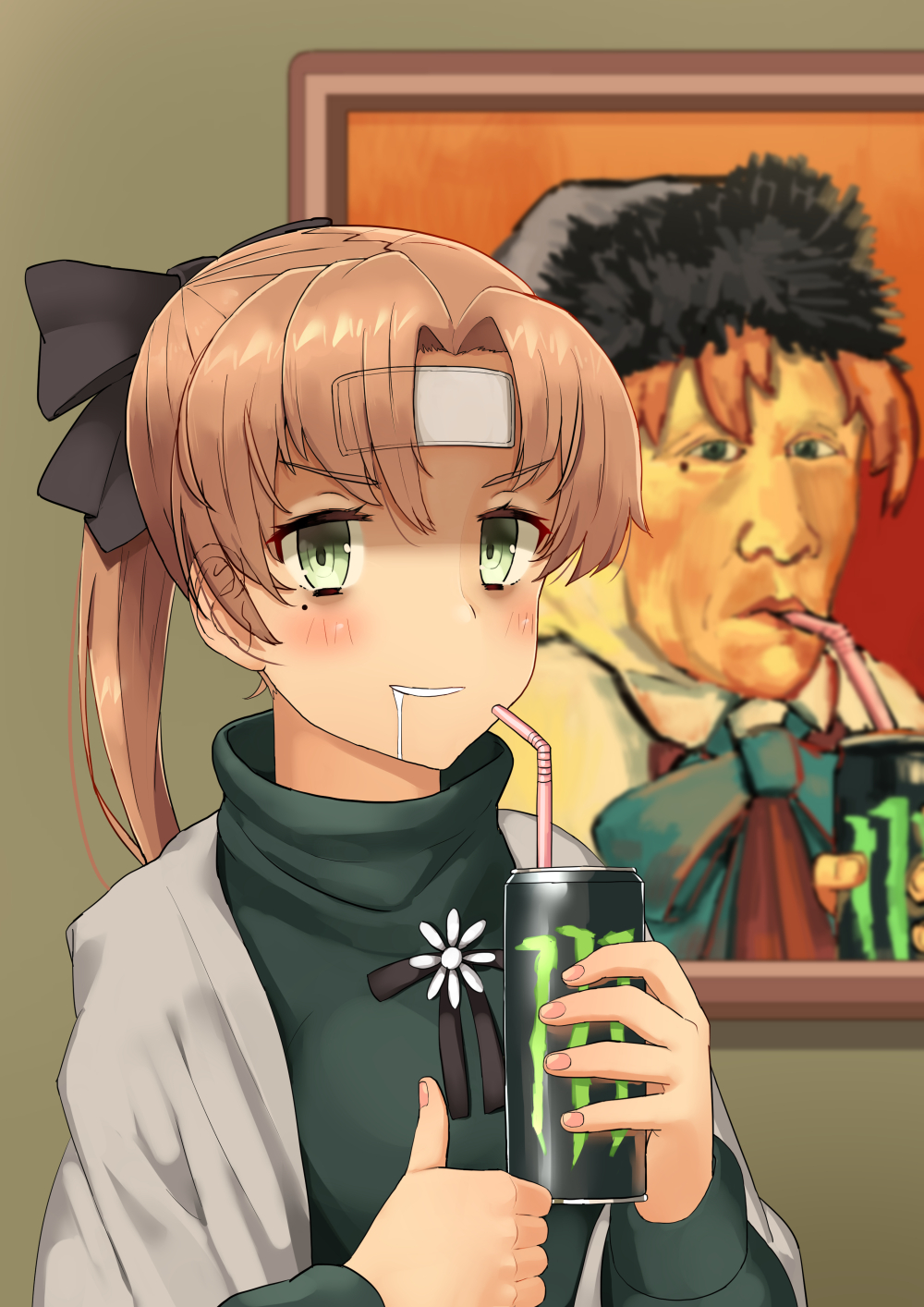 1girl akigumo_(kantai_collection) bags_under_eyes black_ribbon brown_hair can drinking_straw drooling energy_drink fine_art_parody green_eyes green_sweater hair_ribbon highres kantai_collection long_hair looking_at_viewer mole mole_under_eye monster_energy painting parody ponytail ribbon self-portrait_with_bandaged_ear shawl soda_can solo soushou_nin sweater upper_body vincent_van_gogh_(style)