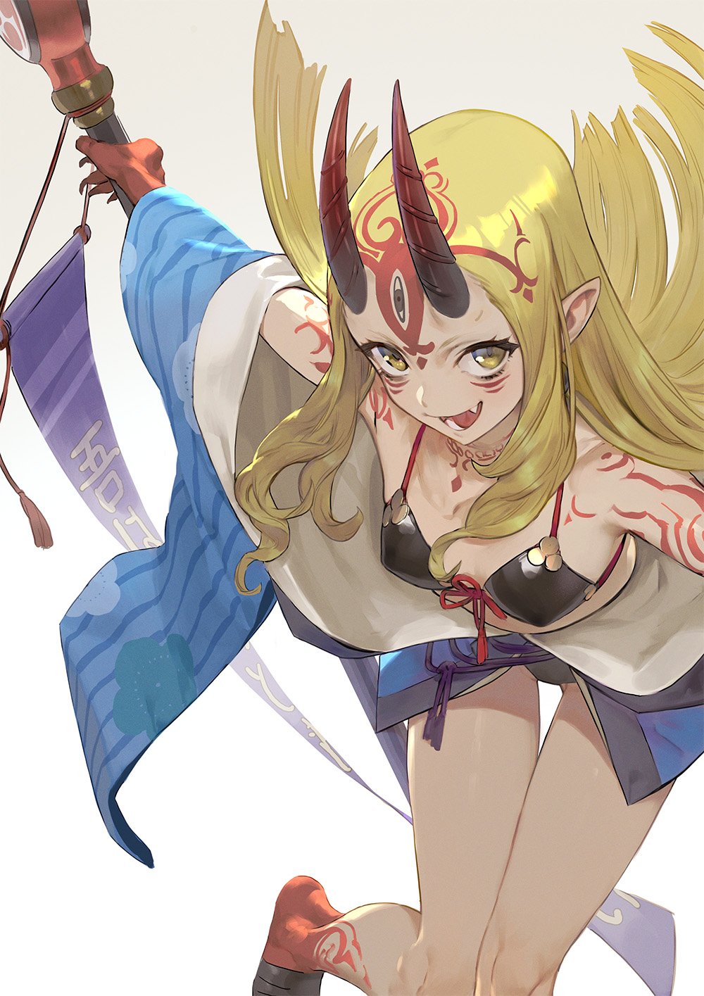 1girl bikini blonde_hair breasts facial_mark fang_out fate/grand_order fate_(series) fingernails forehead_mark front-tie_top highres horns ibaraki_douji_(fate/grand_order) japanese_clothes looking_at_viewer nanbo_ataru_(attall) off_shoulder oni oni_horns open_mouth pointy_ears sharp_fingernails swimsuit tattoo yellow_eyes