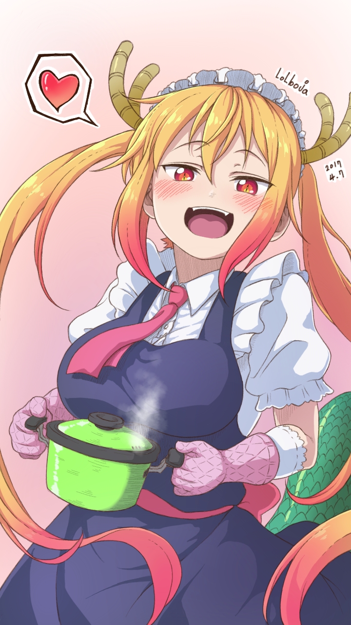 1girl apron artist_name blonde_hair blush breasts cowboy_shot dated dragon_horns dragon_tail fangs gloves gradient gradient_background gradient_hair hair_between_eyes heart highres horns kobayashi-san_chi_no_maidragon large_breasts lolboja long_hair looking_at_viewer maid maid_apron multicolored_hair necktie open_mouth pink_background pot red_eyes redhead simple_background slit_pupils solo spoken_heart steam tail tooru_(maidragon) twintails two-tone_background