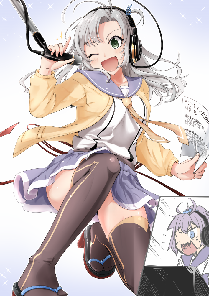 1girl ;d ahoge aoba_(kantai_collection) belt black_legwear blue_eyes blue_scrunchie breasts brown_legwear cable cardigan green_eyes grey_hair hair_ornament hair_tie headphones holding holding_microphone holding_paper kantai_collection kinugasa_(kantai_collection) large_breasts long_hair long_sleeves messy_hair microphone namae_hamada neckerchief necktie one_eye_closed open_mouth paper ponytail recording remodel_(kantai_collection) sandals school_uniform scrunchie serafuku skirt smile solo sparkle sweatdrop thigh-highs tsurime yellow_neckwear