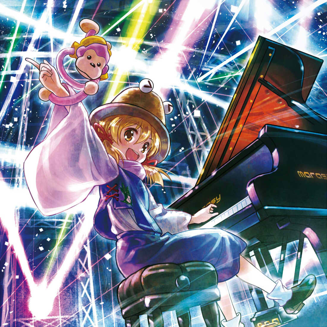 &gt;_&lt; 1girl :d blonde_hair brown_footwear commentary_request from_side hair_between_eyes hair_ribbon hat index_finger_raised instrument light_brown_hair long_sleeves looking_at_viewer looking_to_the_side low_twintails moriya_suwako music open_mouth piano playing_instrument purple_skirt purple_vest pyonta red_ribbon ribbon sakino_shingetsu shoes sitting skirt smile socks solo stool stuffed_animal stuffed_monkey stuffed_toy touhou twintails vest white_legwear wide_sleeves