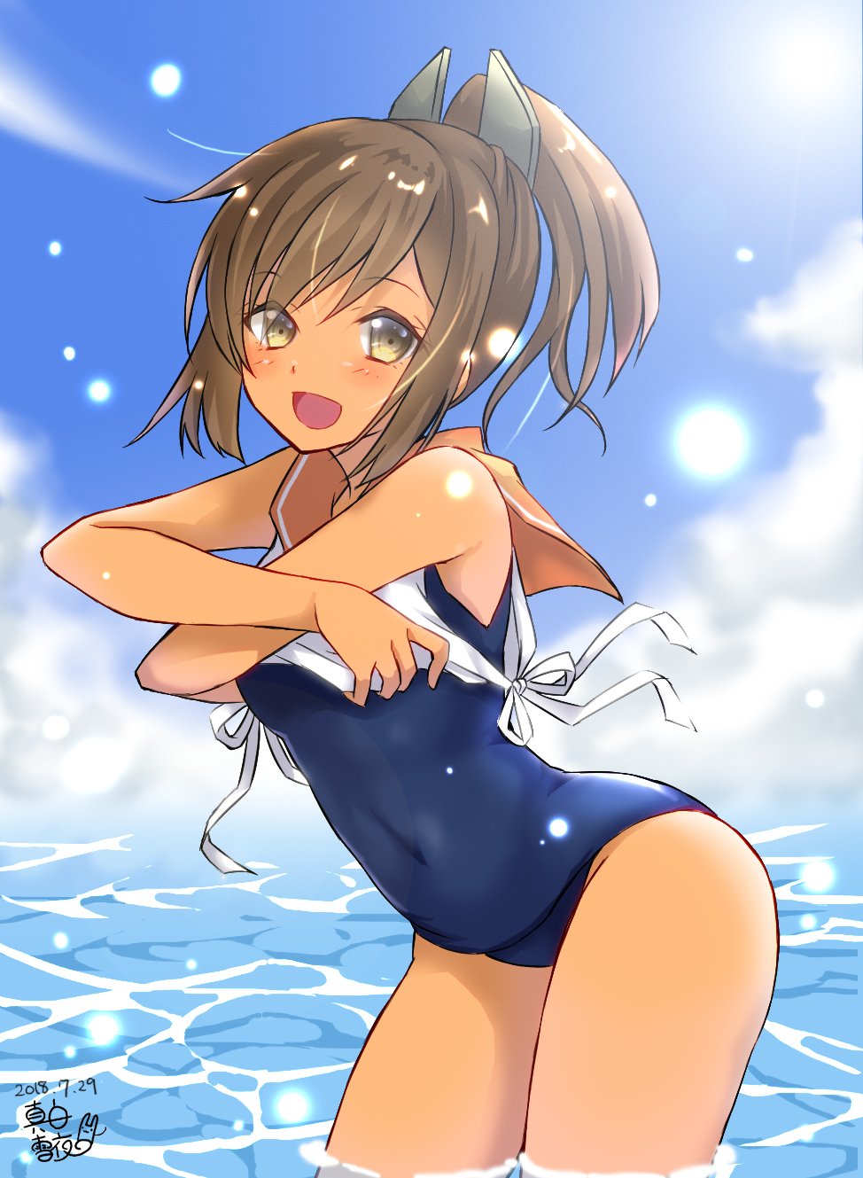 0yukiya0 1girl blue_sky brown_eyes brown_hair clouds cowboy_shot hair_ornament hairclip highres i-401_(kantai_collection) kantai_collection leaning_forward one-piece_swimsuit orange_sailor_collar ponytail sailor_collar sailor_shirt school_swimsuit shirt short_hair short_ponytail sky solo swimsuit swimsuit_under_clothes tan undressing water