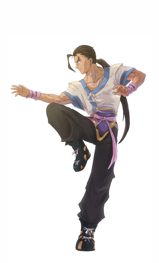 1boy ahoge black_footwear black_pants brown_hair fei_fong_wong fighting_stance huge_ahoge long_hair looking_to_the_side official_art pants ponytail solo standing standing_on_one_leg tosh_(toshushu) wristband xenogears