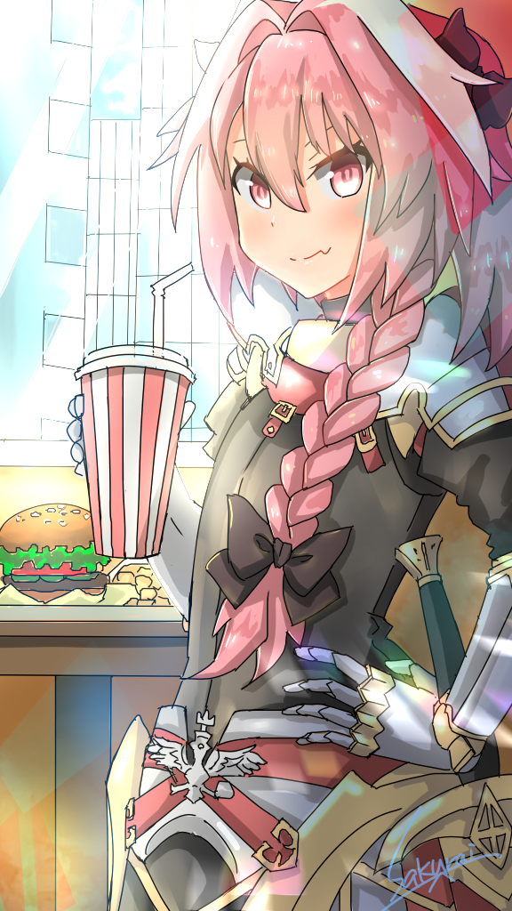 1boy astolfo_(fate) bangs bendy_straw black_bow black_shirt black_skirt blue_sky blush bow braid buckle closed_mouth commentary_request cup day disposable_cup drinking_straw fang fang_out fast_food fate/apocrypha fate_(series) food french_fries gold_trim gorget hair_between_eyes hair_bow hair_intakes hair_over_shoulder hamburger hand_on_hip holding lettuce long_braid long_hair long_sleeves looking_at_viewer male_focus miniskirt multicolored_hair parted_bangs pencil_skirt petite pink_eyes pink_hair puffy_long_sleeves puffy_sleeves sakurai_kouji sheath sheathed shirt signature single_braid skirt sky solo standing streaked_hair sunlight sword trap turtleneck two-tone_hair upper_body weapon white_hair
