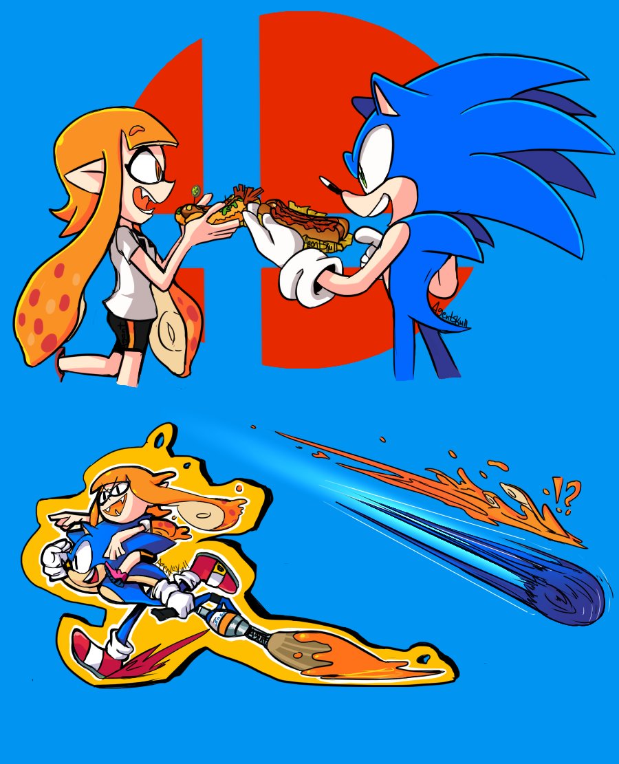 1boy 1girl agentskull72 chili_dog inkling sonic sonic_the_hedgehog splatoon super_smash_bros. tentacle_hair