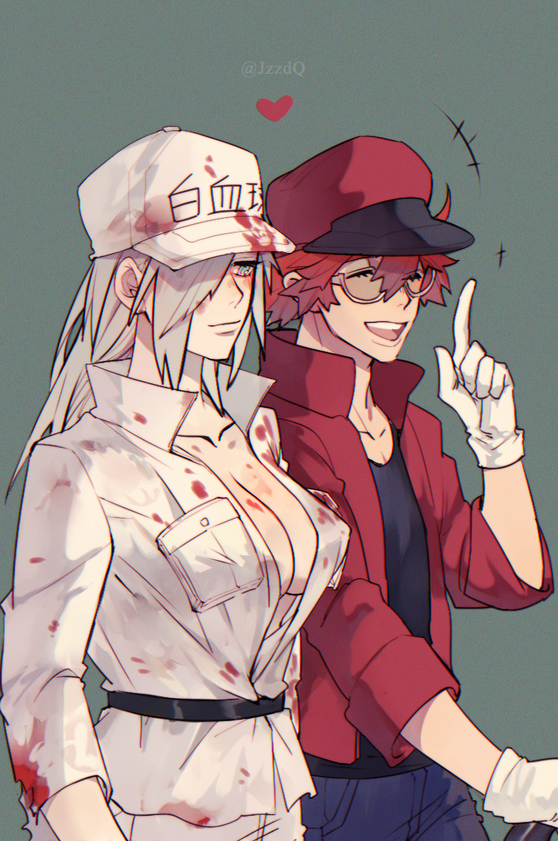 1boy 1girl aa-2153 belt blood bloody_clothes blue_eyes breasts cako_(a_ben) cleavage glasses gloves grey_background hair_over_one_eye hat hataraku_saibou hataraku_saibou_black heart highres jacket pale_skin pocket red_blood_cell_(hatataku_saibou) red_jacket silver_hair simple_background smile twitter_username u-0001 white_blood_cell_(hataraku_saibou) white_gloves