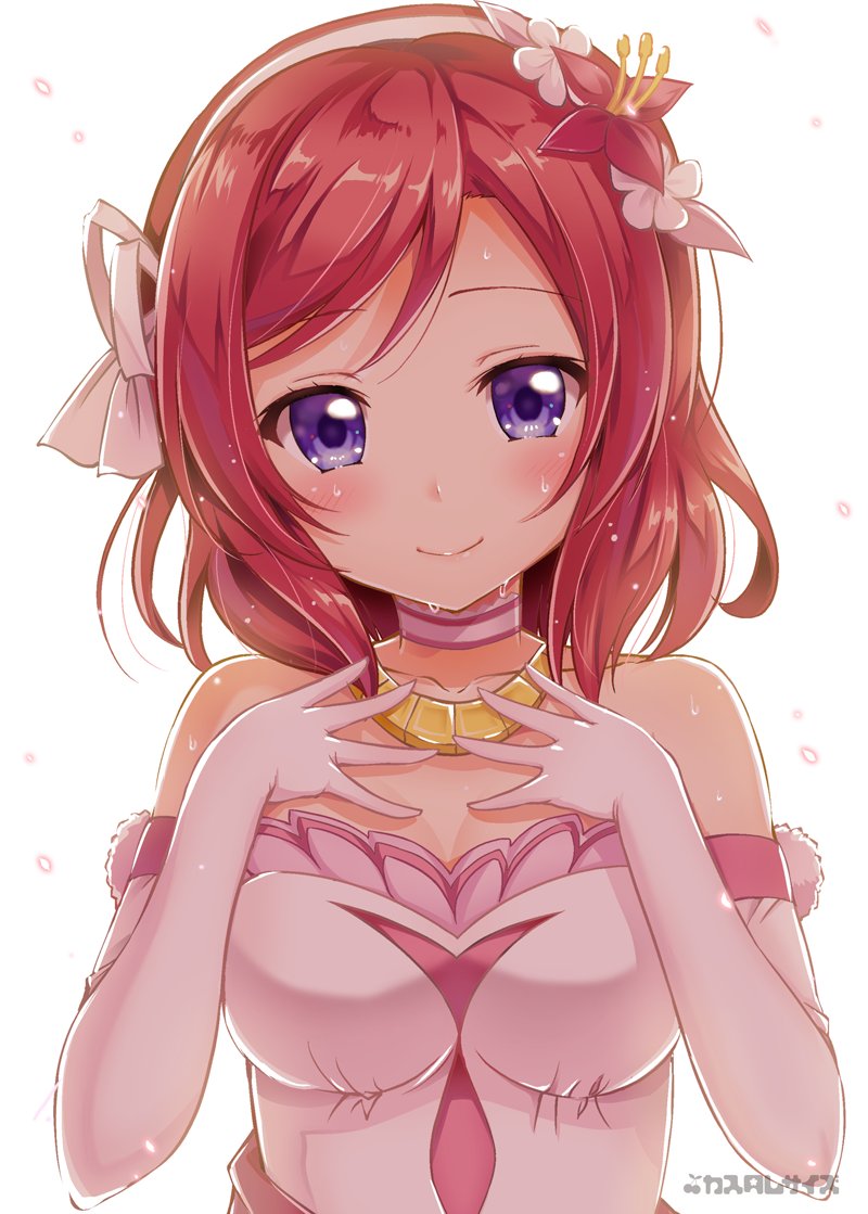 1girl bare_shoulders blush bow breasts choker commentary_request cover cover_page doujin_cover dress elbow_gloves flower gloves hair_flower hair_ornament hairband hands_on_own_chest head_tilt jewelry looking_at_viewer love_live! love_live!_school_idol_project medium_breasts necklace nishikino_maki pink_bow pink_choker pink_gloves redhead sakurai_makoto_(custom_size) short_hair smile solo strapless strapless_dress sweat textless upper_body violet_eyes