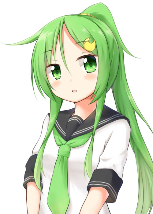 1girl alternate_costume alternate_hairstyle black_sailor_collar blush commentary_request crescent crescent_hair_ornament eyebrows_visible_through_hair green_eyes green_hair green_neckwear hair_between_eyes hair_ornament kamakani_(kanikama8192) kantai_collection long_hair looking_to_the_side nagatsuki_(kantai_collection) necktie ponytail sailor_collar school_uniform serafuku sidelocks simple_background solo upper_body white_background