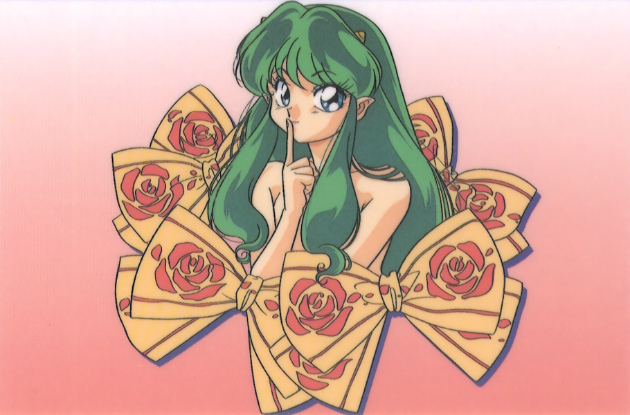 1girl 80s blue_eyes bow finger_to_mouth gradient gradient_background green_hair index_finger_raised long_hair lum official_art oldschool oni_horns pointy_ears sidelocks smile solo upper_body urusei_yatsura