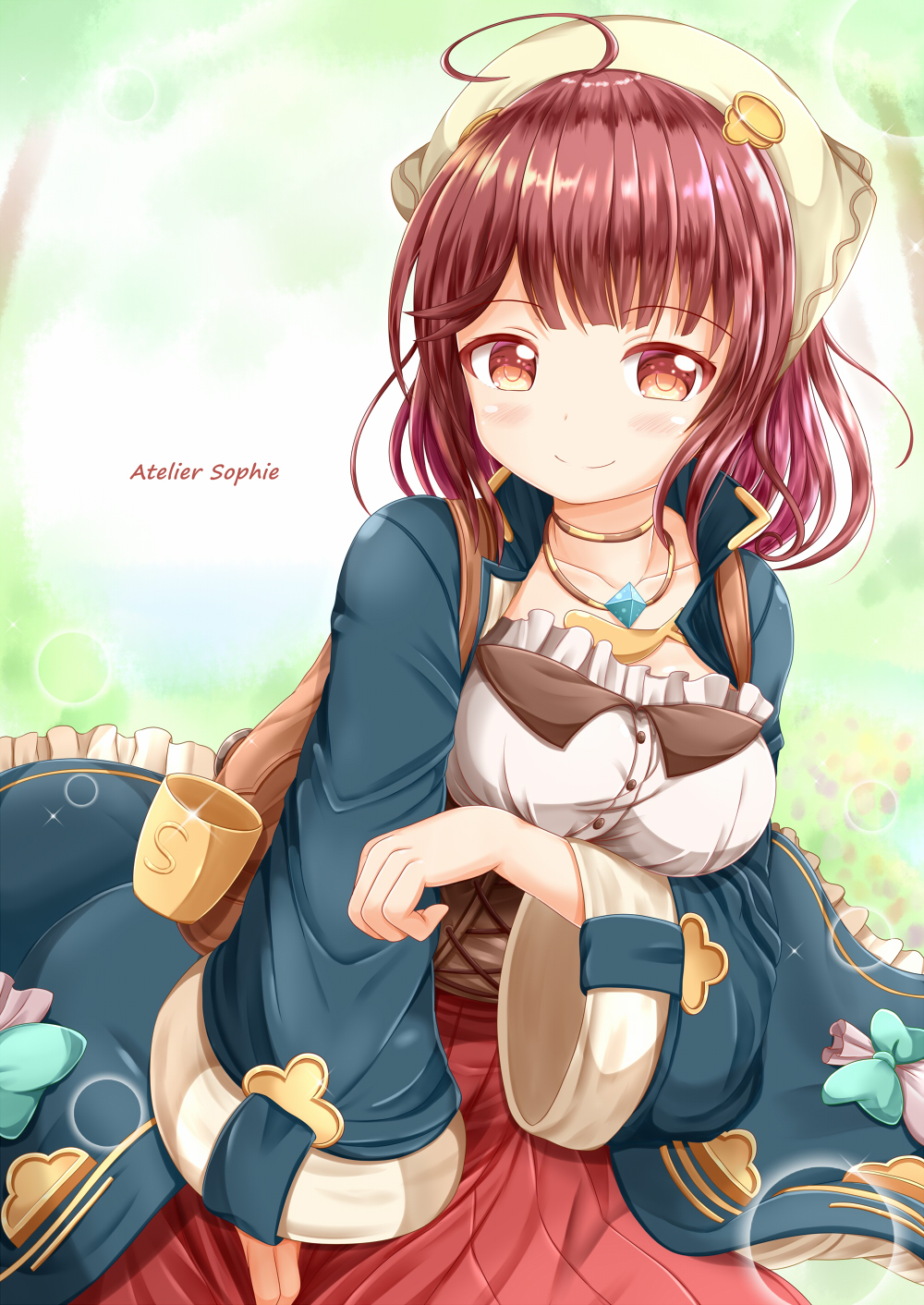 1girl ahoge atelier_(series) atelier_sophie blue_coat blush breasts brown_eyes brown_hair closed_mouth coat collarbone commentary_request copyright_name hair_ornament head_scarf highres long_hair long_sleeves looking_at_viewer medium_breasts open_clothes open_coat pleated_skirt red_skirt skirt smile solo sophie_neuenmuller wide_sleeves zenon_(for_achieve)