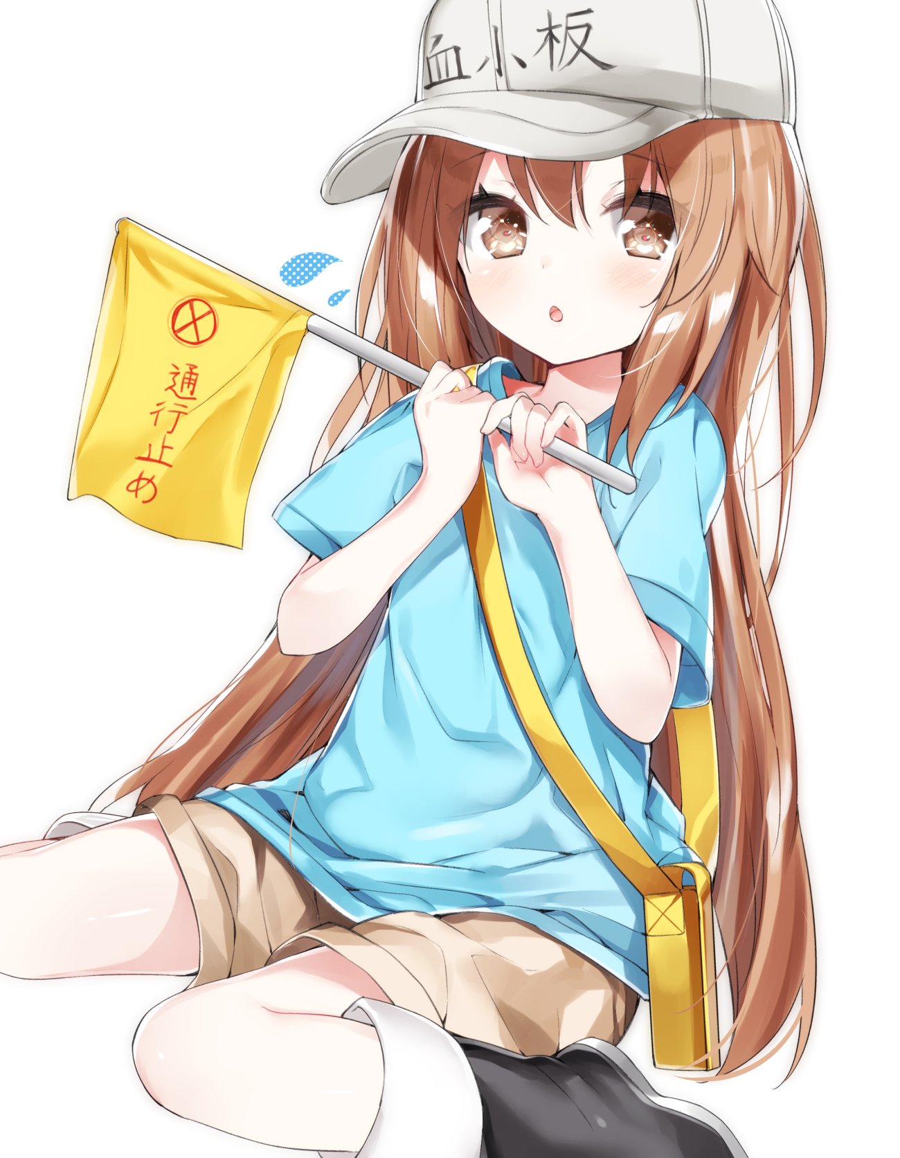 1girl bag bangs black_footwear blue_shirt boots brown_eyes brown_hair brown_shorts character_name chestnut_mouth clothes_writing commentary_request dutch_angle eyebrows_visible_through_hair flag flat_cap flying_sweatdrops grey_hat hair_between_eyes hands_up hat hataraku_saibou highres holding holding_flag kamioka_shun'ya knee_boots looking_at_viewer parted_lips platelet_(hataraku_saibou) polka_dot shirt short_shorts short_sleeves shorts shoulder_bag sitting solo wariza white_background
