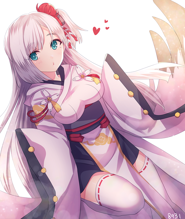 1girl azur_lane bangs blue_eyes breasts eyebrows_visible_through_hair eyeliner hair_ornament hakusai_ponzu heart long_sleeves makeup medium_breasts mole mole_under_eye one_side_up ribbon-trimmed_legwear ribbon_trim shoukaku_(azur_lane) silver_hair simple_background sleeves_past_fingers sleeves_past_wrists solo straight_hair thigh-highs white_background white_legwear wide_sleeves