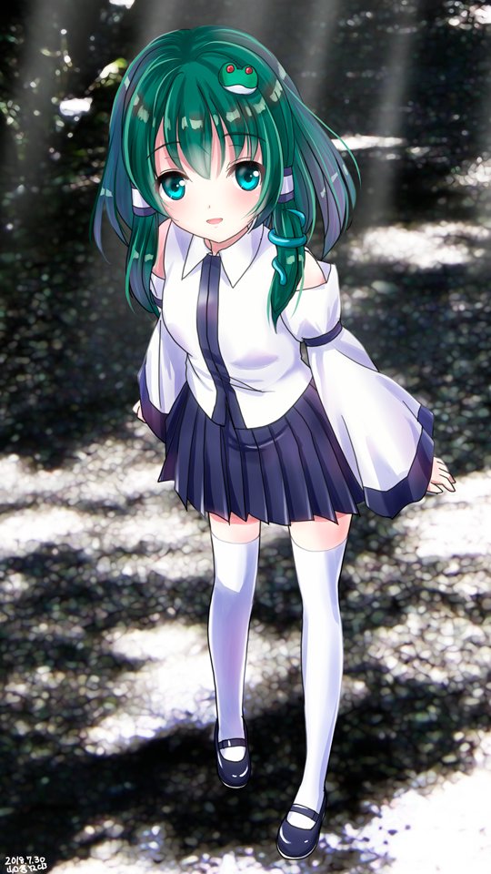 1girl blue_eyes blush colar detached_sleeves frog green_hair hair_accessories hair_tube kochiya_sanae miniskirt open_mouth pleated_skirt ribbon shoes short_hair skirt snake soil standing sunlight thigh-highs touhou vest yamaguchi_yuu