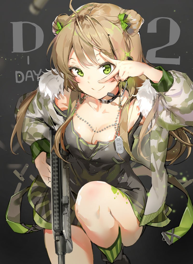 1girl anmi arm_up bangs blush bow breasts brown_hair bullpup cleavage closed_mouth counting dog_tags double_bun dress eyebrows_visible_through_hair fur_trim girls_frontline green_bow green_eyes green_legwear gun hair_bow headset holding holding_gun holding_weapon jacket kel-tec_rfb long_hair looking_at_viewer medium_breasts open_clothes open_jacket rfb_(girls_frontline) rifle short_dress smile solo striped striped_legwear v weapon