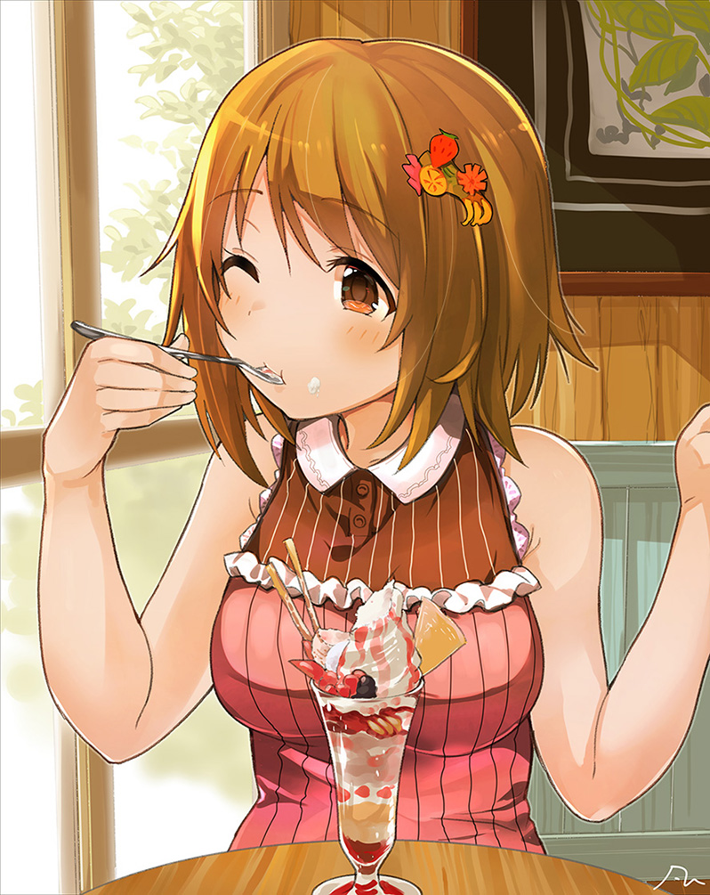 1girl blush brown_eyes brown_hair eating eyebrows_visible_through_hair food food_on_face hair_ornament ice_cream idolmaster idolmaster_cinderella_girls indoors mimura_kanako one_eye_closed short_hair sleeveless solo spoon striped upper_body vertical_stripes yanngoto