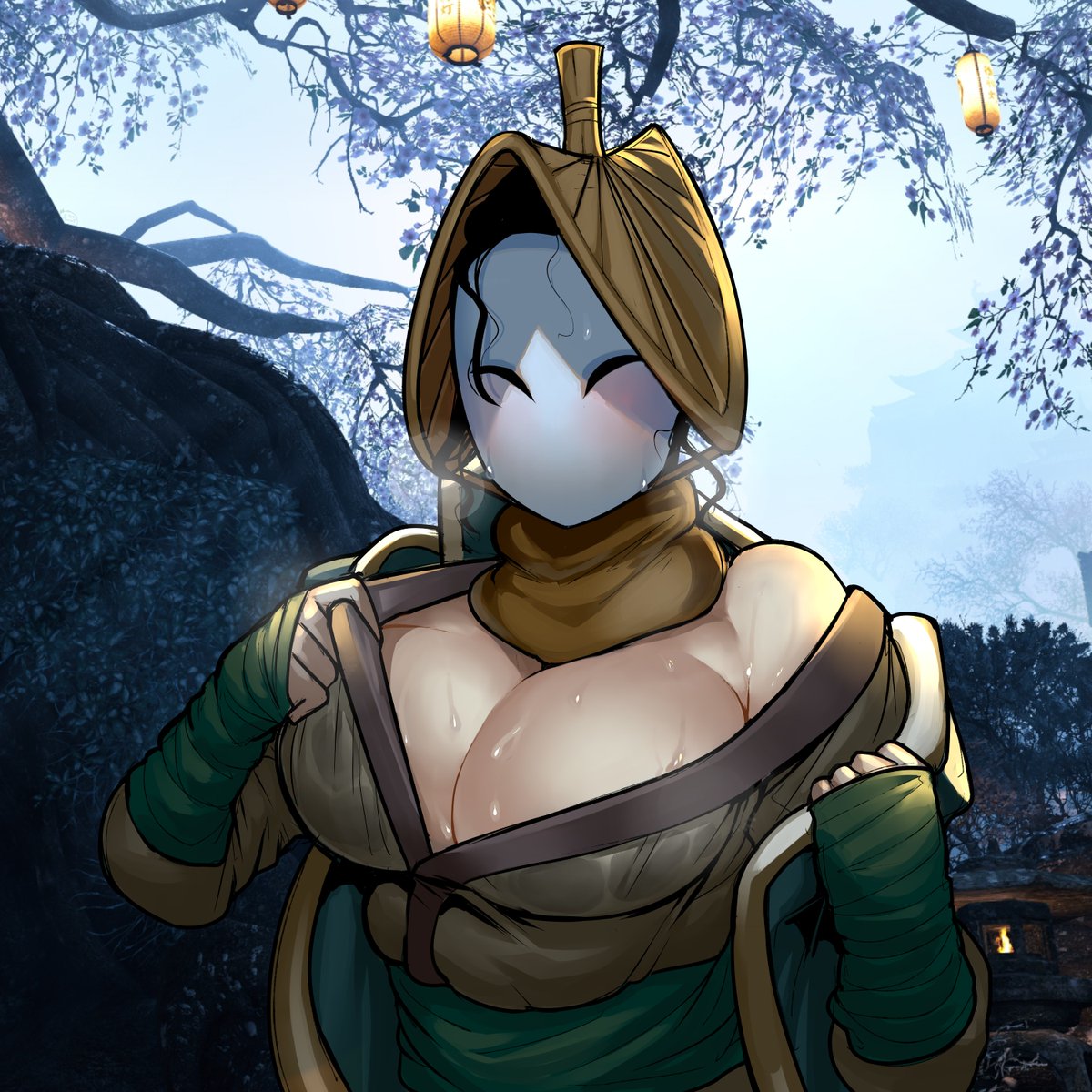 1girl black_hair blush breasts cleavage commentary english_commentary for_honor highres japanese_clothes krekk0v large_breasts mask nobushi_(for_honor) off_shoulder outdoors sleeves_past_wrists solo sweat upper_body