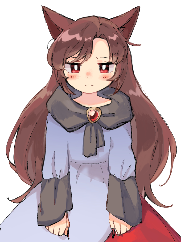 1girl animal_ears big_hair blush bright_pupils closed_mouth dress fingernails gem imaizumi_kagerou jitome long_fingernails long_hair long_sleeves looking_at_viewer red_eyes red_skirt sasa_kichi simple_background sketch skirt solo standing touhou white_background wolf_ears