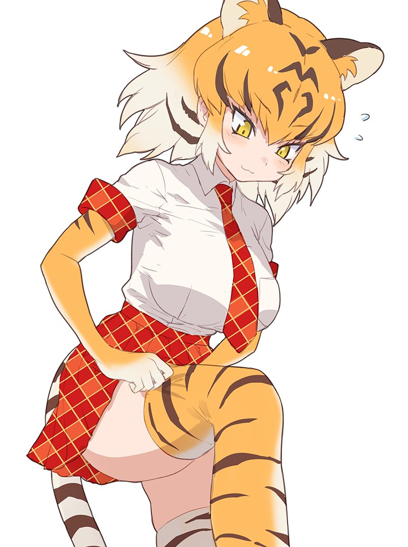 1girl :3 adjusting_clothes adjusting_legwear animal_ears animal_print black_hair blush breast_pocket commentary_request eyebrows_visible_through_hair flying_sweatdrops guchico kemono_friends multicolored_hair necktie orange_hair plaid plaid_neckwear plaid_skirt plaid_trim pleated_skirt pocket short_hair short_sleeves skirt solo tail thigh-highs tiger_(kemono_friends) tiger_ears tiger_print tiger_tail white_hair