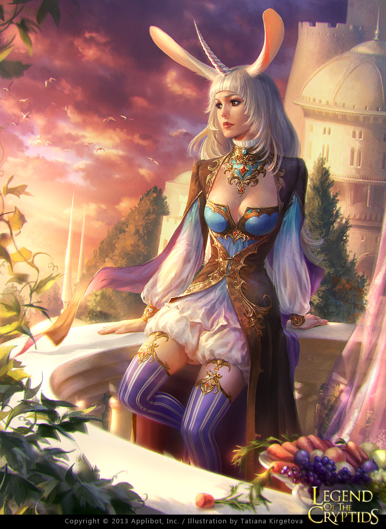 1girl animal_ears artist_name bird breasts brown_eyes carrot cleavage clouds copyright_name curtains food fruit horn leaf legend_of_the_cryptids long_hair official_art rabbit_ears sky solo tatiana_kirgetova thigh-highs tree white_hair