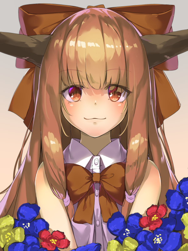 1girl :3 bow bowtie brown_bow brown_hair brown_neckwear closed_mouth commentary_request eyebrows_visible_through_hair flower hair_bow horns ibuki_suika long_hair looking_at_viewer piyodesu red_eyes shirt sleeveless sleeveless_shirt smile solo touhou upper_body white_shirt
