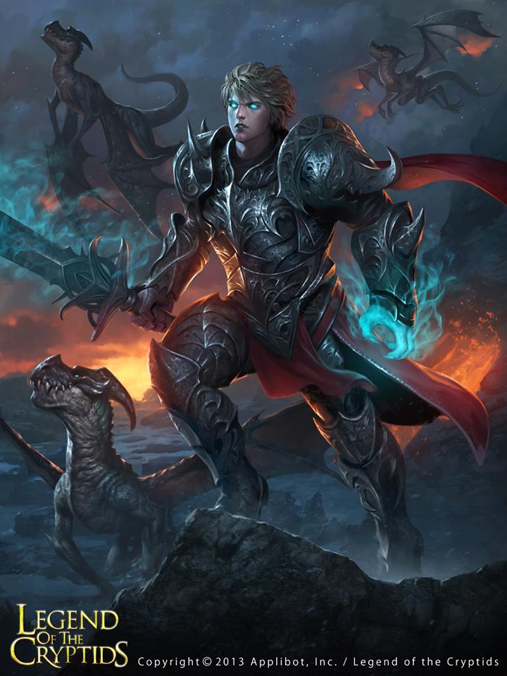 1boy armor armored_boots bat_wings blonde_hair blue_eyes boots clouds copyright_name dragon dragon_tail gloves legend_of_the_cryptids lius_lasahido male_focus official_art rock solo sword tail teeth weapon wings