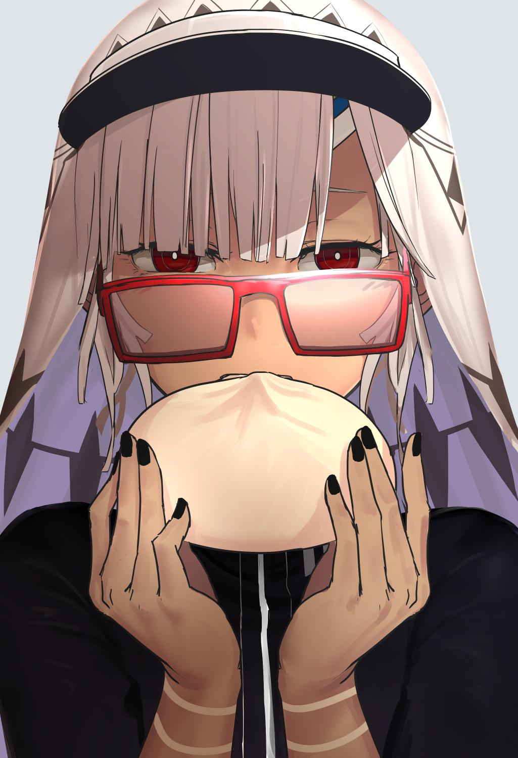 1girl altera_(fate) baozi black_nails dark_skin fate/grand_order fate_(series) food glasses highres i-pan looking_at_viewer nail_polish red_eyes solo tattoo veil white_hair