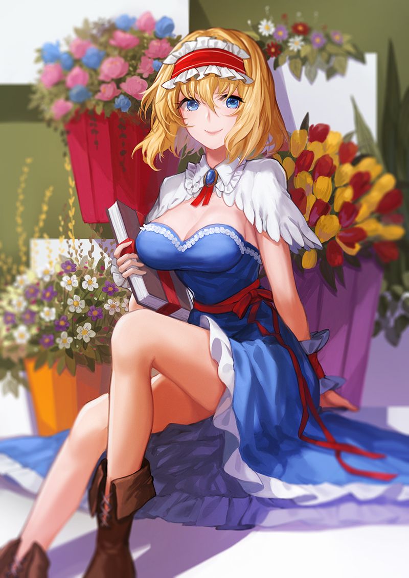 1girl adapted_costume alice_margatroid arm_support bare_legs blonde_hair blue_dress blue_eyes book boots breasts brooch brown_footwear capelet cleavage closed_mouth dress female flower frilled_hairband frills gem hair_between_eyes hairband highres holding holding_book jewelry knee_up large_breasts legs looking_at_viewer neck_ribbon red_hairband red_ribbon ribbon sapphire_(stone) shadow short_hair sitting smile solo strapless strapless_dress touhou vetina white_capelet