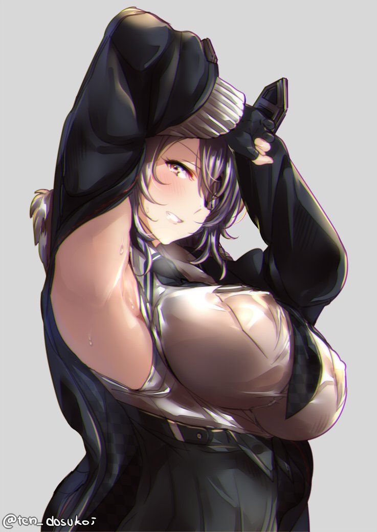 1girl armpits black_gloves blush breasts checkered checkered_neckwear closed_mouth coat fingerless_gloves gloves grin hair_over_one_eye headgear juurouta kantai_collection large_breasts long_sleeves looking_at_viewer necktie purple_hair smile solo tenryuu_(kantai_collection) twitter_username upper_body violet_eyes winter_clothes winter_coat