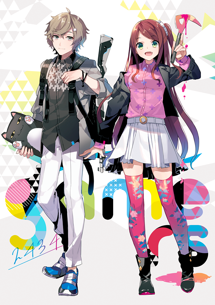 1boy 1girl :d akabane_youko ankle_boots black_footwear black_jacket blue_footwear boots breasts brown_hair collared_shirt commentary_request eihi eyebrows_visible_through_hair fang green_eyes grey_pants grey_shirt hair_ornament hair_scrunchie hairclip hand_up holding jacket kanae_(nijisanji) light_brown_eyes light_brown_hair long_hair long_sleeves looking_at_viewer medium_breasts nijisanji off_shoulder one_side_up open_clothes open_jacket open_mouth paint pants pink_shirt red_legwear scrunchie shirt shoes skirt smile thigh-highs very_long_hair white_skirt wing_collar zettai_ryouiki