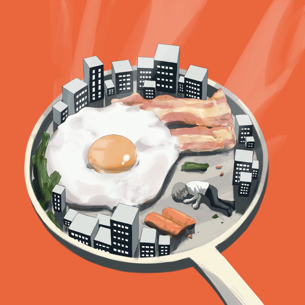 1boy avogado6 bacon building closed_eyes commentary food frying_pan lying on_side orange_background original sausage shirt smoke sunny_side_up_egg vegetable