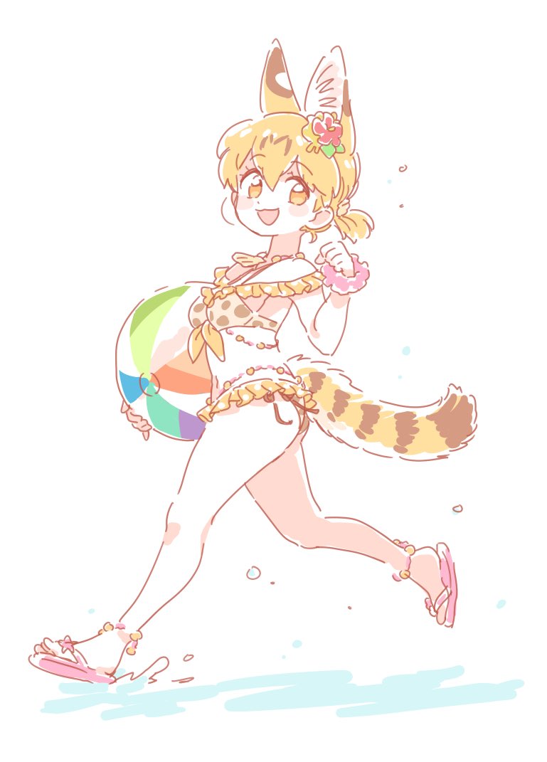 1girl :3 :d alternate_costume alternate_hairstyle animal_ears anklet ball bare_arms bare_legs bare_shoulders beachball bikini blonde_hair blush bracelet commentary extra_ears eyebrows_visible_through_hair flower from_side hair_flower hair_ornament hand_up holding holding_ball jewelry kemono_friends kemono_friends_festival looking_at_viewer looking_to_the_side mitsumoto_jouji multicolored_hair open_mouth paw_pose ponytail print_bikini sandals scrunchie serval_(kemono_friends) serval_ears serval_print serval_tail short_hair short_ponytail simple_background smile solo swimsuit tail water white_background wrist_scrunchie yellow_bikini yellow_eyes