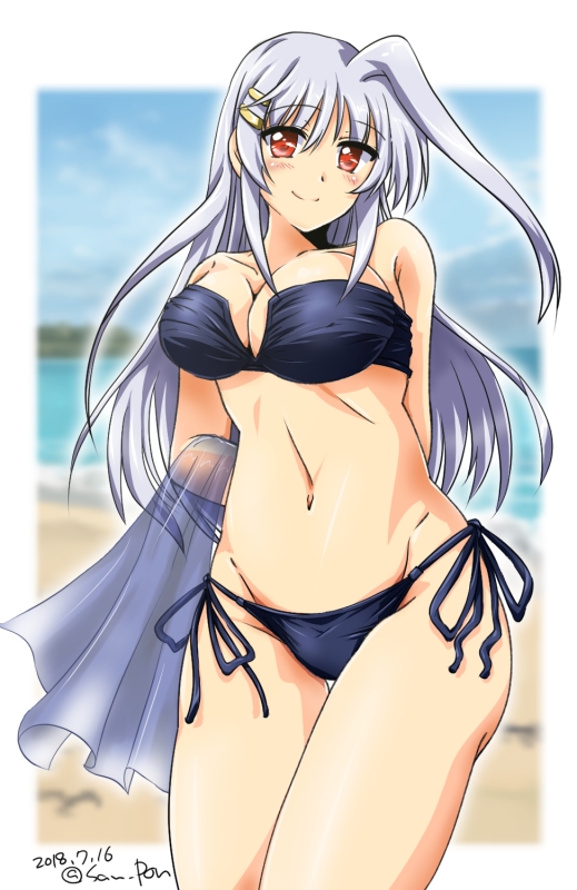 1girl arms_behind_back bikini black_bikini blush breasts cleavage commentary_request dated hair_ornament hairclip head_tilt large_breasts long_hair looking_at_viewer lyrical_nanoha mahou_shoujo_lyrical_nanoha mahou_shoujo_lyrical_nanoha_a's navel red_eyes reinforce san-pon side-tie_bikini silver_hair smile solo strapless strapless_bikini swimsuit twitter_username