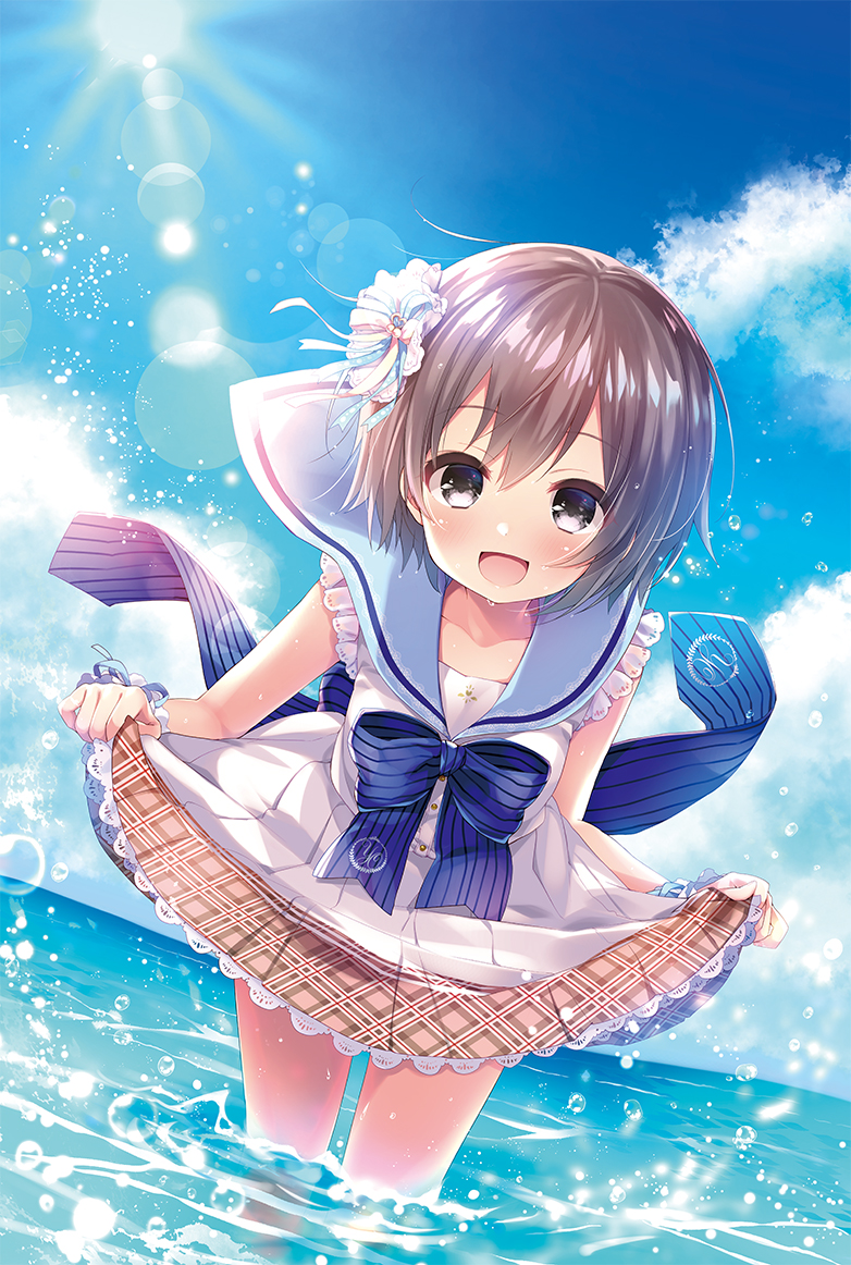 1girl :d bangs bare_arms blue_bow blue_ribbon blue_sky blush bow brown_hair clouds collarbone commentary_request day dress dutch_angle eyebrows_visible_through_hair fummy grey_eyes hair_between_eyes hair_ornament hair_ribbon horizon idolmaster idolmaster_cinderella_girls idolmaster_cinderella_girls_starlight_stage lace lace-trimmed_dress leaning_forward lens_flare light_rays looking_at_viewer ocean open_mouth otokura_yuuki outdoors pink_ribbon ribbon shiny shiny_hair short_dress short_hair skirt_hold sky sleeveless sleeveless_dress smile solo standing striped striped_bow wading water_drop white_dress wrist_ribbon
