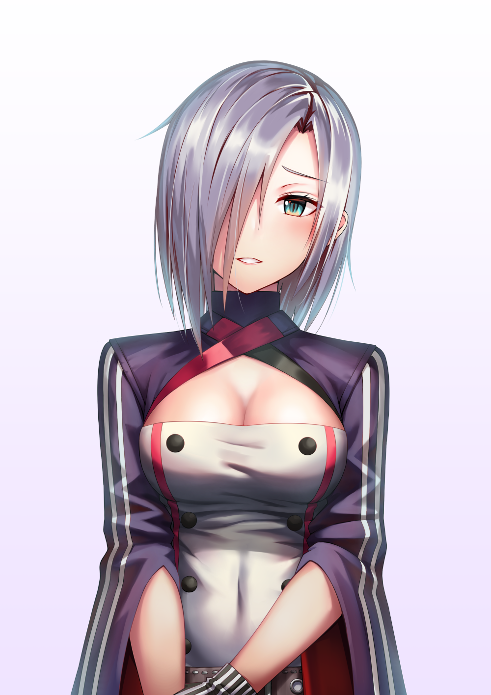 1girl belt blush breasts cleavage cleavage_cutout covered_navel girls_frontline gloves gradient gradient_background green_eyes grey_hair hair_over_one_eye head_tilt highres long_sleeves looking_at_viewer medium_breasts mg5_(girls_frontline) parted_lips shiny shiny_hair shoron short_hair smile solo striped striped_gloves upper_body wide_sleeves