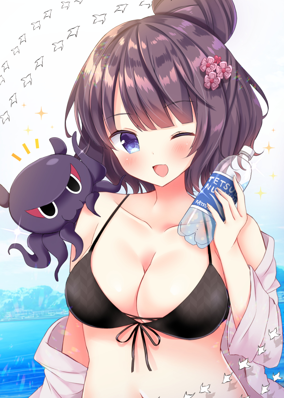 1girl ;d black_bikini_top blue_eyes bottle breasts cleavage collarbone commentary_request eyebrows_visible_through_hair fate/grand_order fate_(series) hair_bun hair_ornament highres katsushika_hokusai_(fate/grand_order) masayo_(gin_no_ame) medium_breasts octopus one_eye_closed open_mouth smile solo swimsuit upper_body
