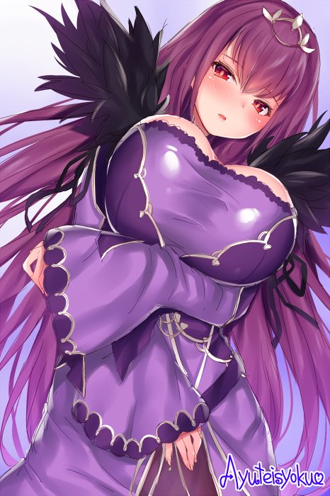1girl bangs blush breast_hold breasts cleavage dress fate/grand_order fate_(series) fur_trim hair_between_eyes jewelry large_breasts long_hair looking_at_viewer open_mouth parted_lips purple_dress purple_hair red_eyes scathach_(fate)_(all) scathach_skadi_(fate/grand_order) solo tiara wide_sleeves xayux