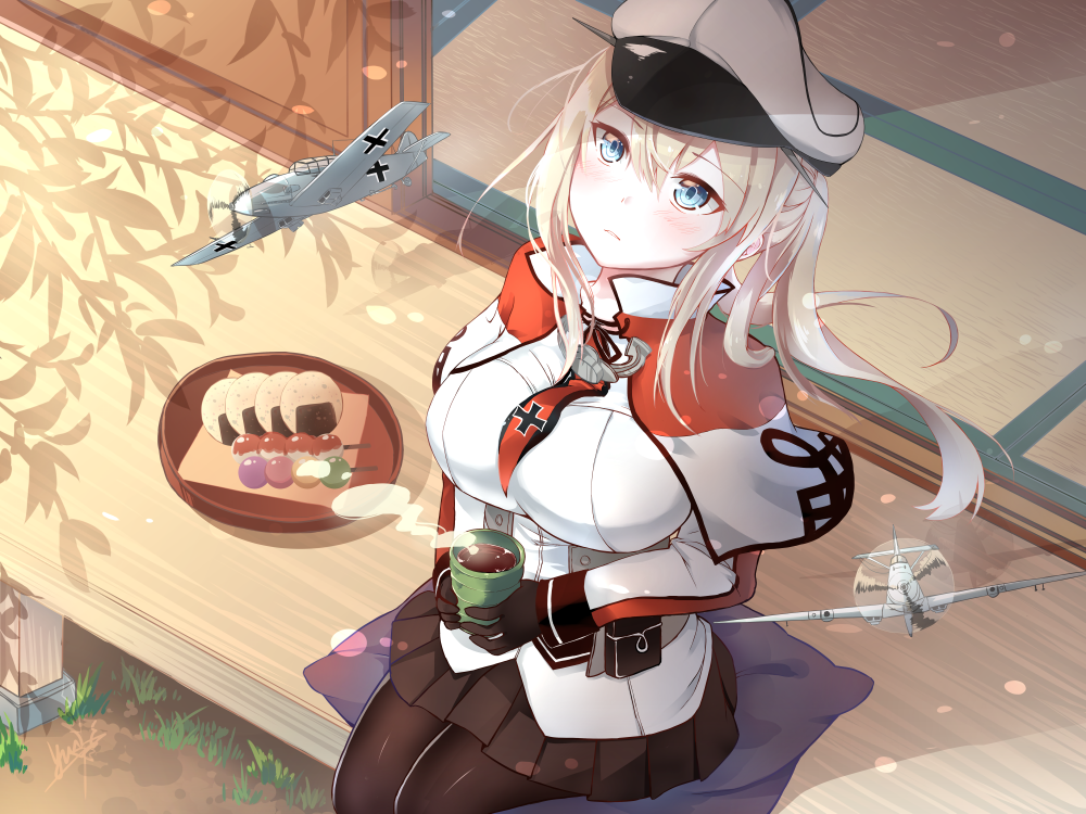 1girl aircraft airplane black_gloves black_legwear blonde_hair blue_eyes blush breasts capelet coffee cross cup day floating_hair gloves graf_zeppelin_(kantai_collection) hair_between_eyes hat holding holding_cup impossible_clothes jacket kantai_collection large_breasts long_hair looking_up military military_uniform miniskirt necktie nekoshima_yui outdoors pantyhose parted_lips peaked_cap pleated_skirt sidelocks sitting skirt solo steam tsurime twintails uniform wind wind_lift