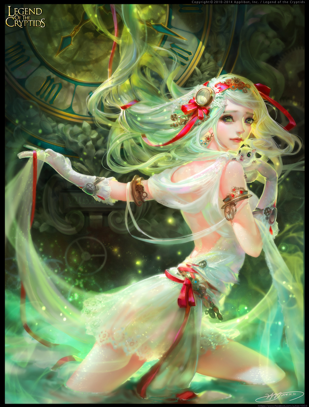 1girl artist_name back bow bracelet clock copyright_name dress flower gloves green_eyes green_hair highres jewelry legend_of_the_cryptids long_hair maid_headdress official_art solo squirrel water yu-han_chen